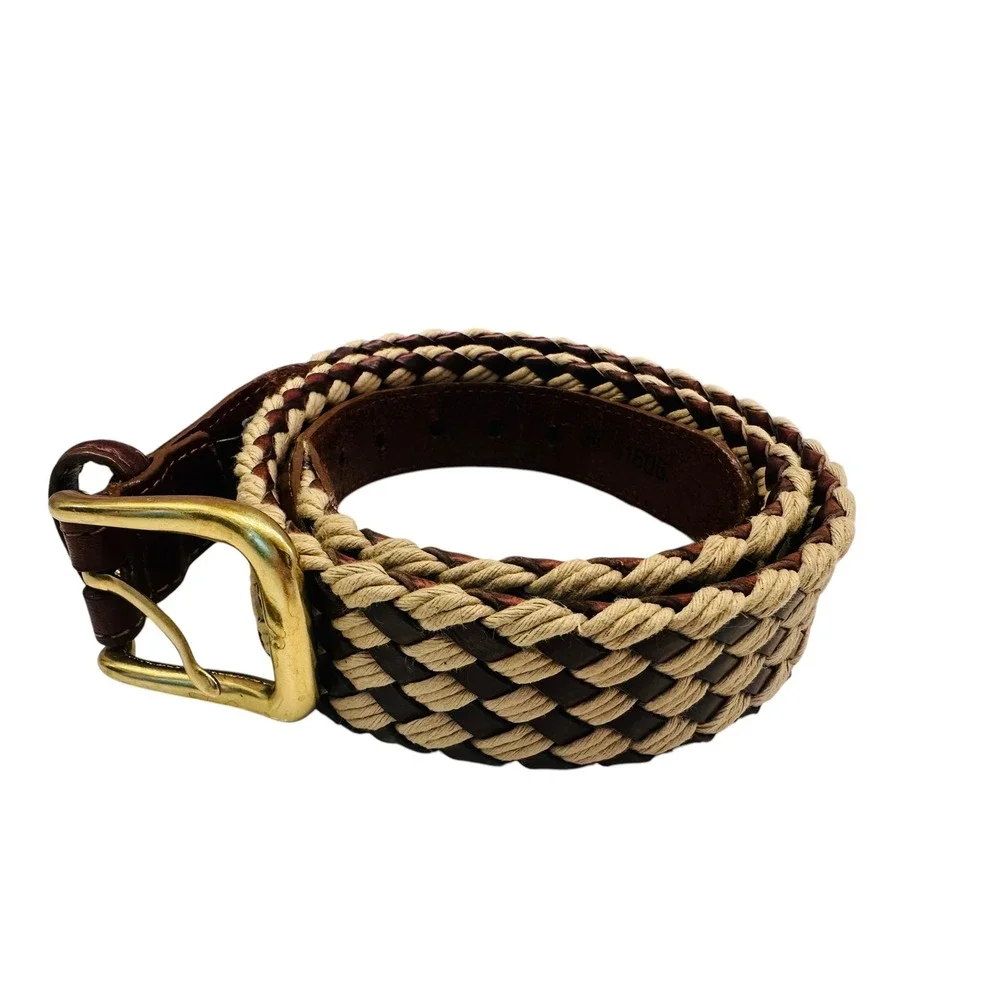 VTG Brighton Braided Brown Leather Belt Solid Brass Buckle Sz 34 Men's 90s‎ USA